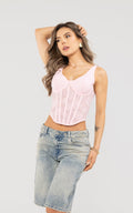 Pink Stretch Seamed Corset Top by Navissi