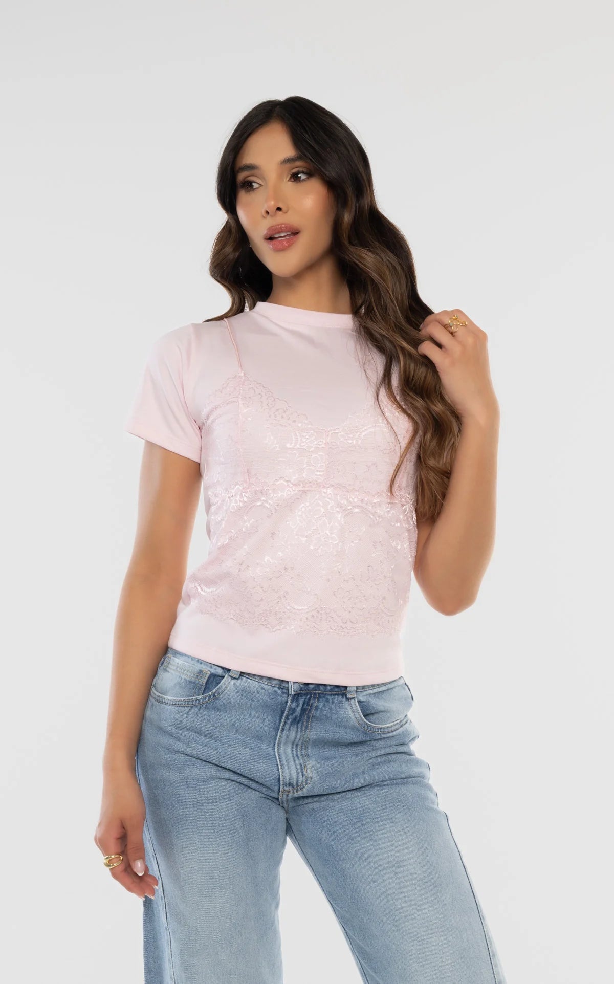 Pink Lace Layered T-Shirt by Navissi