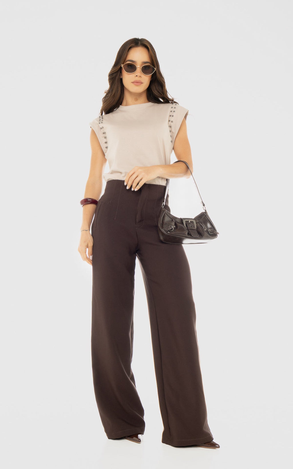 Sand Sleeveless Studded T-Shirt by Navissi