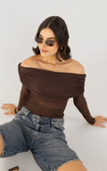 Chocolate Long-Sleeve Wide-Neck Blouse by Navissi