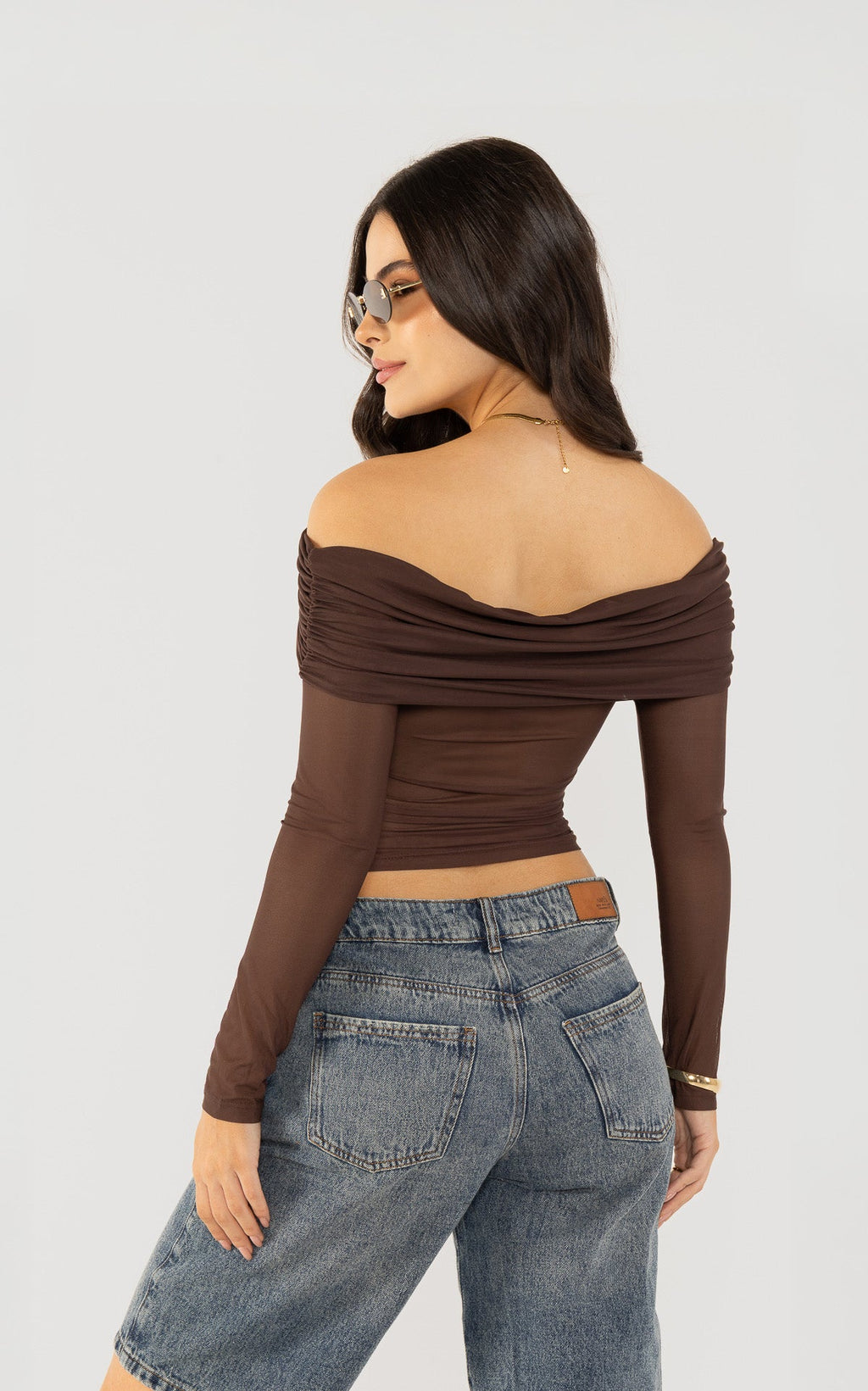 Chocolate Long-Sleeve Wide-Neck Blouse by Navissi