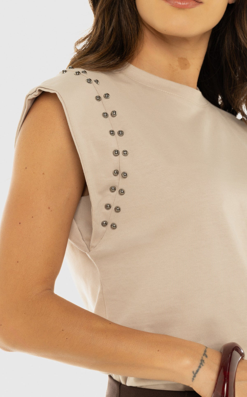 Sand Sleeveless Studded T-Shirt by Navissi