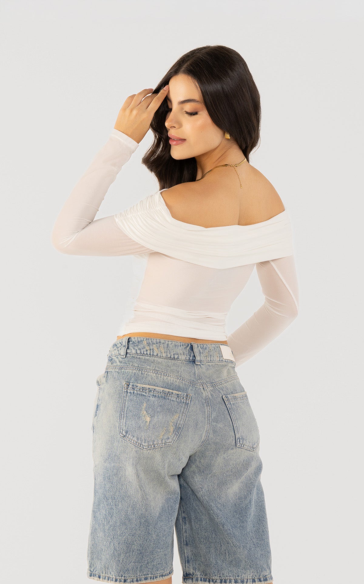 Ivory Long-Sleeve Wide-Neck Blouse