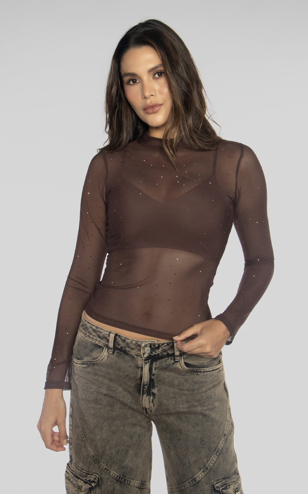Blusa Chocolate Manga Larga Malla Brillos
