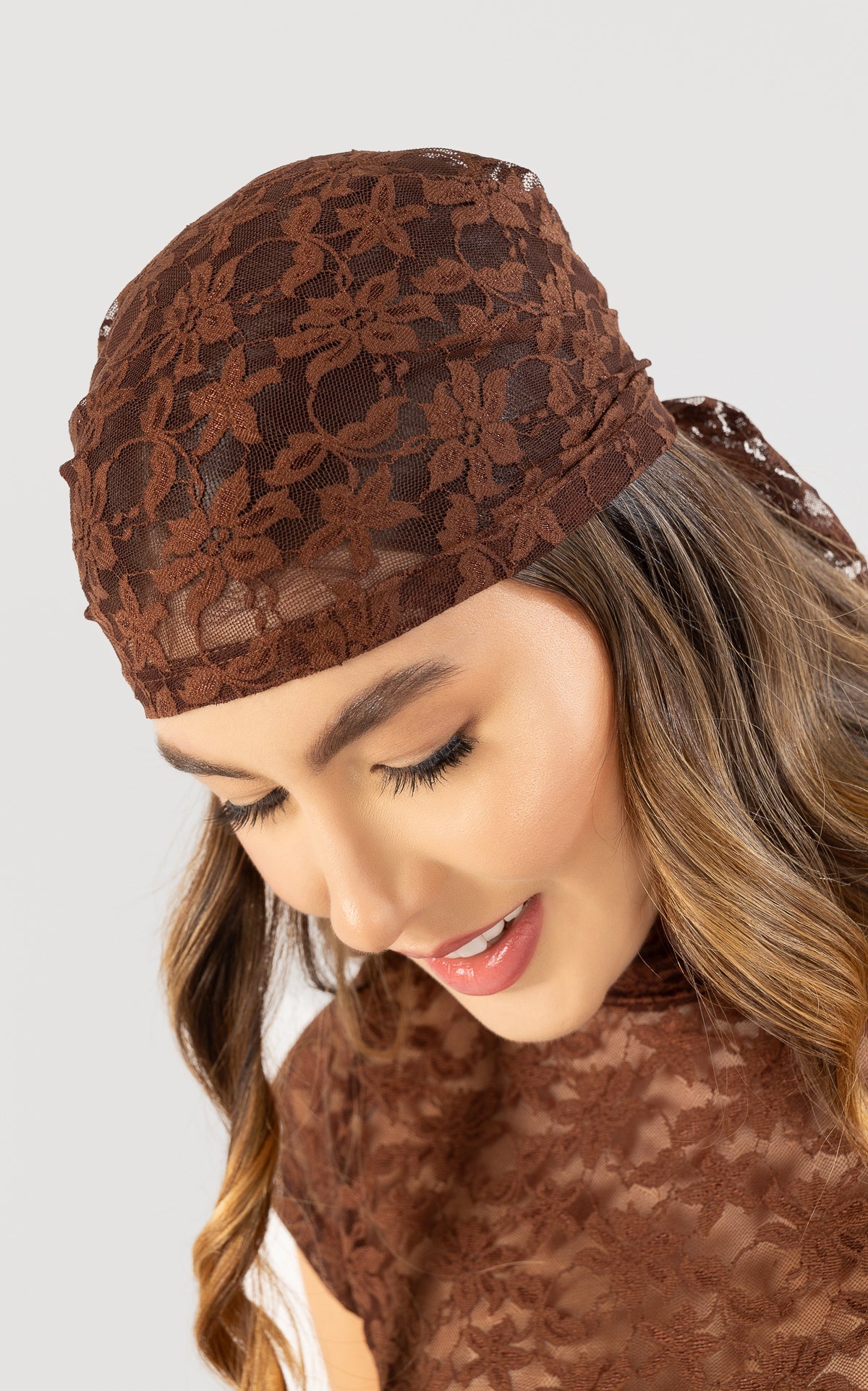 Brown Wide-Neck Lace T-Shirt by Navissi