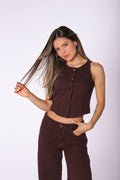 Wine Denim Textured Blouse by Navissi