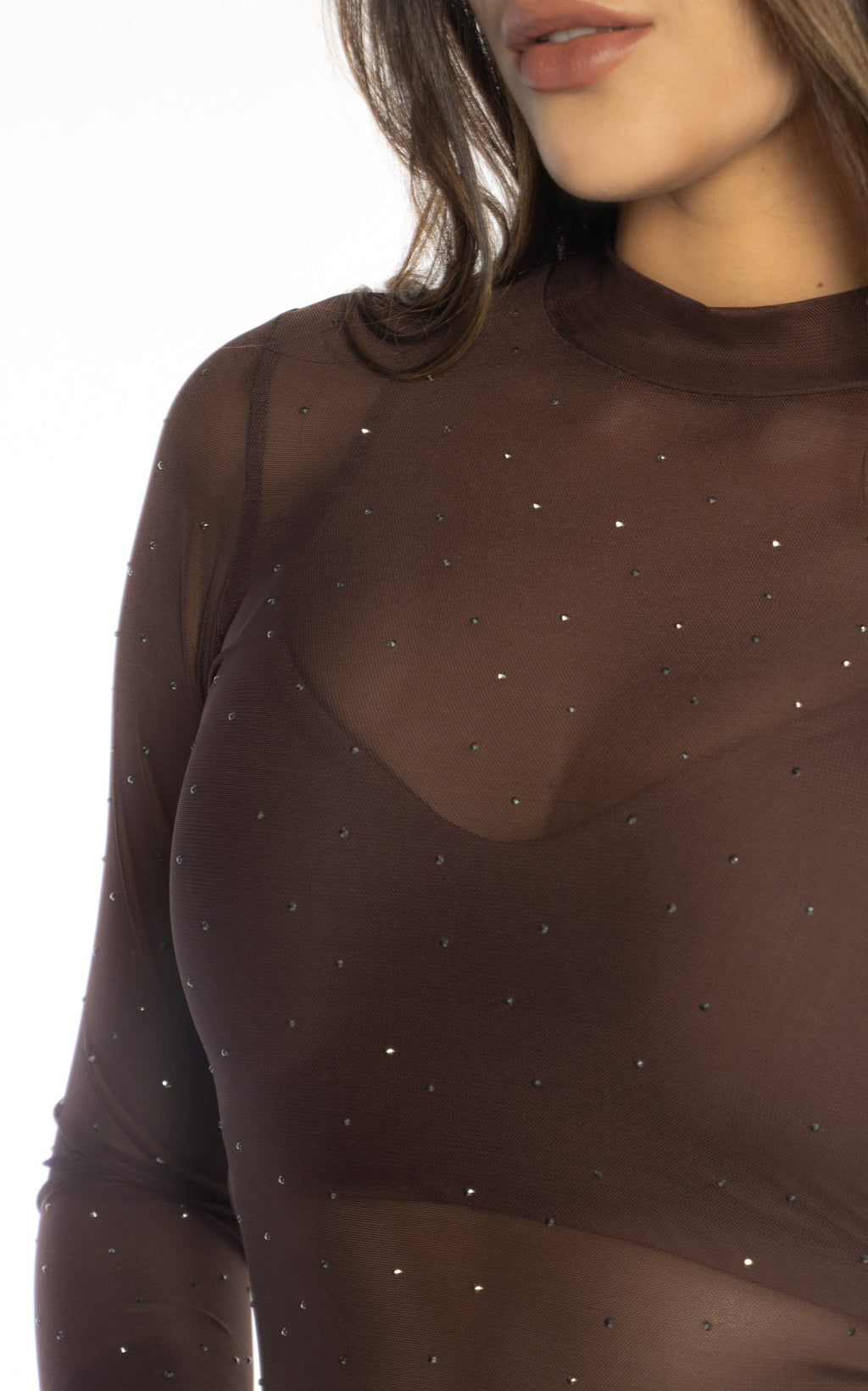 Blusa Chocolate Manga Larga Malla Brillos