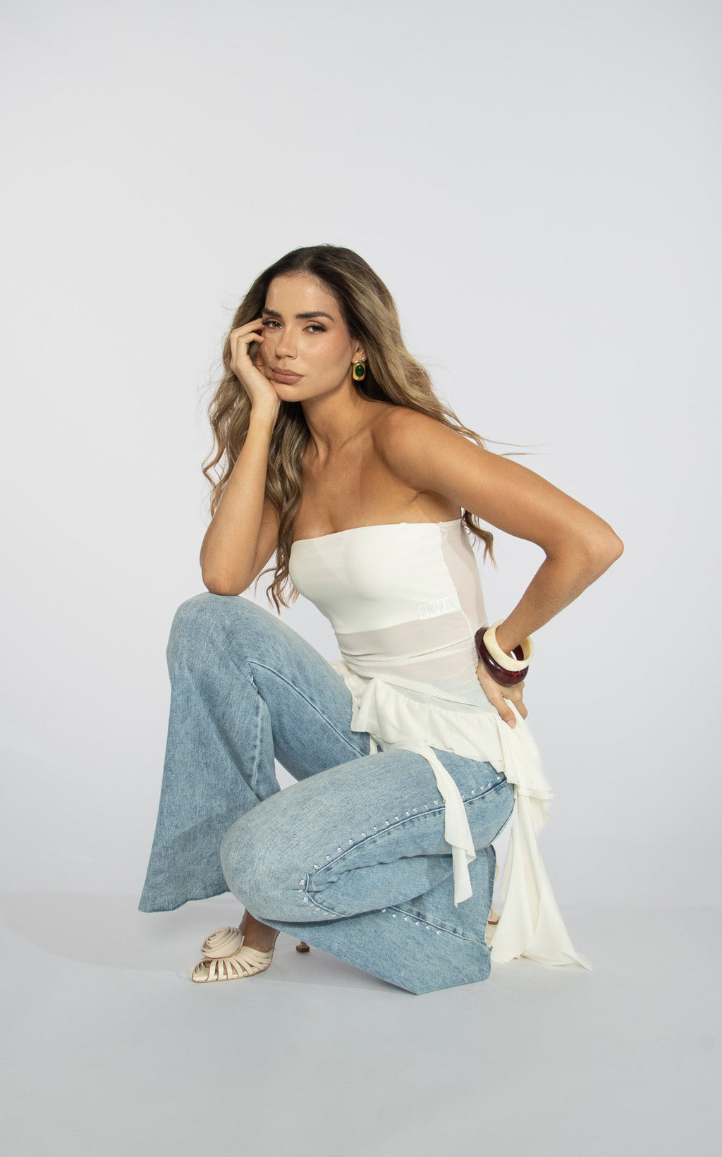 Ivory Strapless Ruffle-Detail Blouse by Navissi