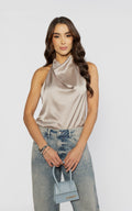 Blusa Escote Halter Drapeado Taupe