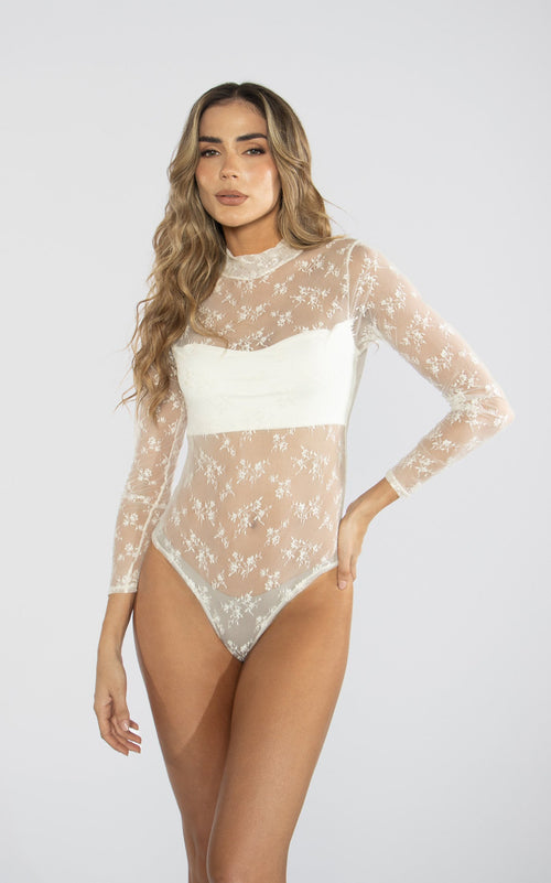 Ivory Long-Sleeve High-Neck Bodysuit by Navissi