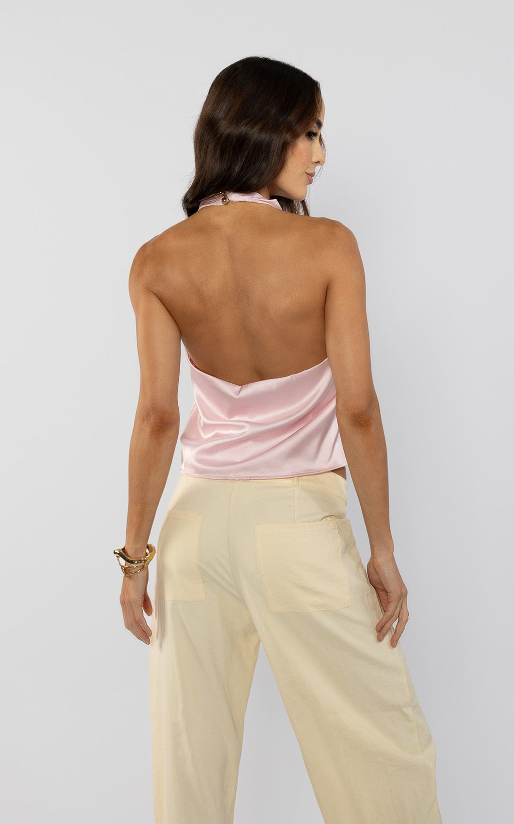 Blusa Escote Halter Drapeado Rosado Claro