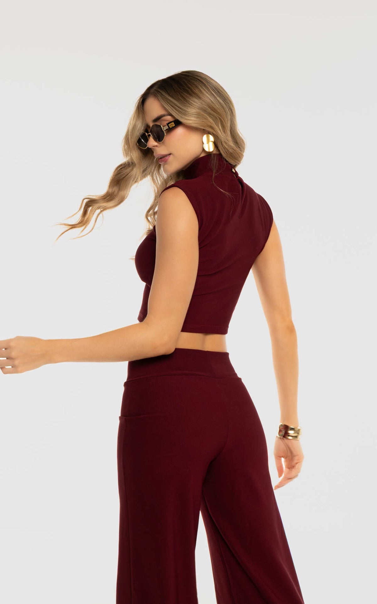 Wine Sleeveless High-Neck Blouse