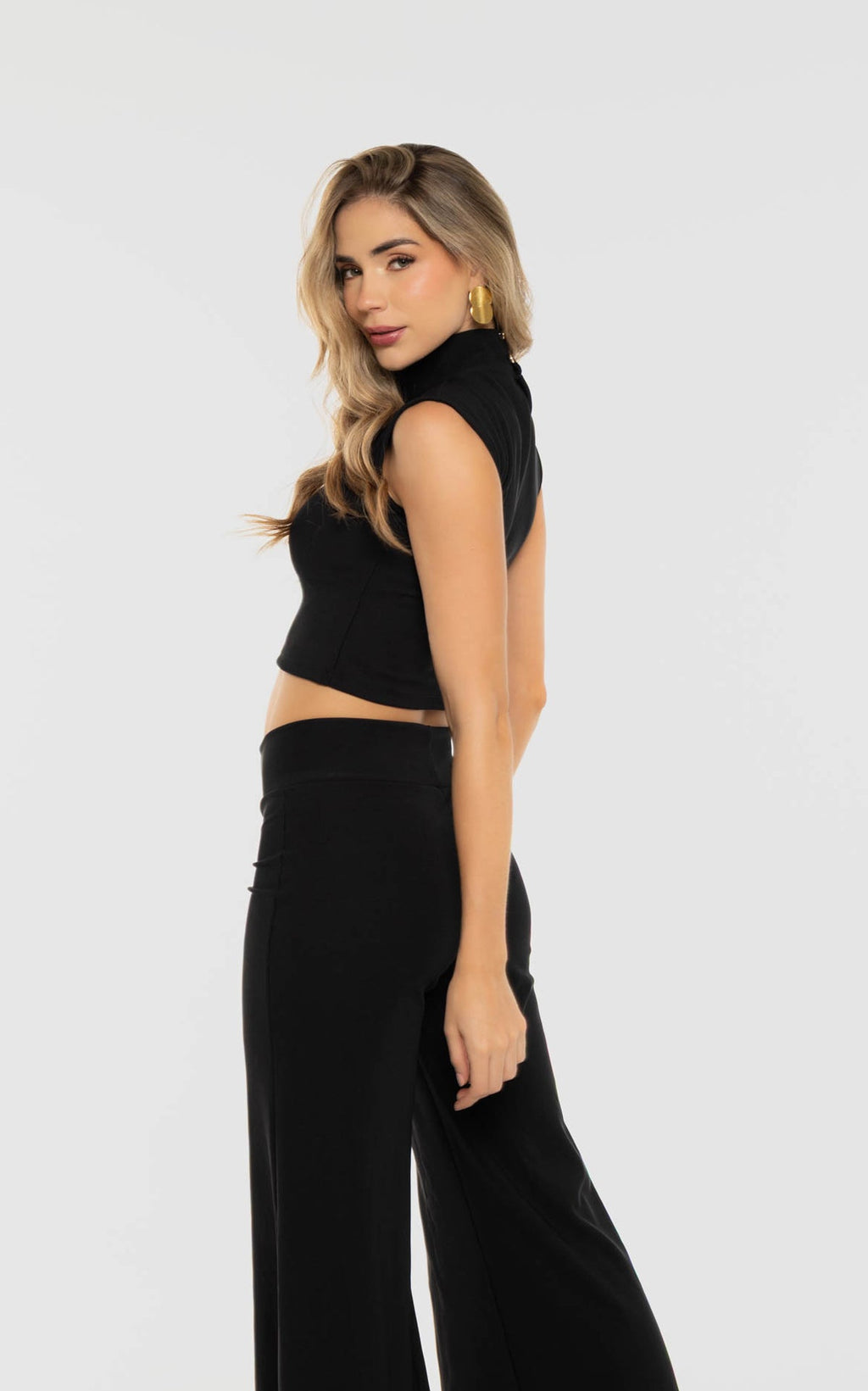 Blusa Negra Manga Sisa Cuello Alto
