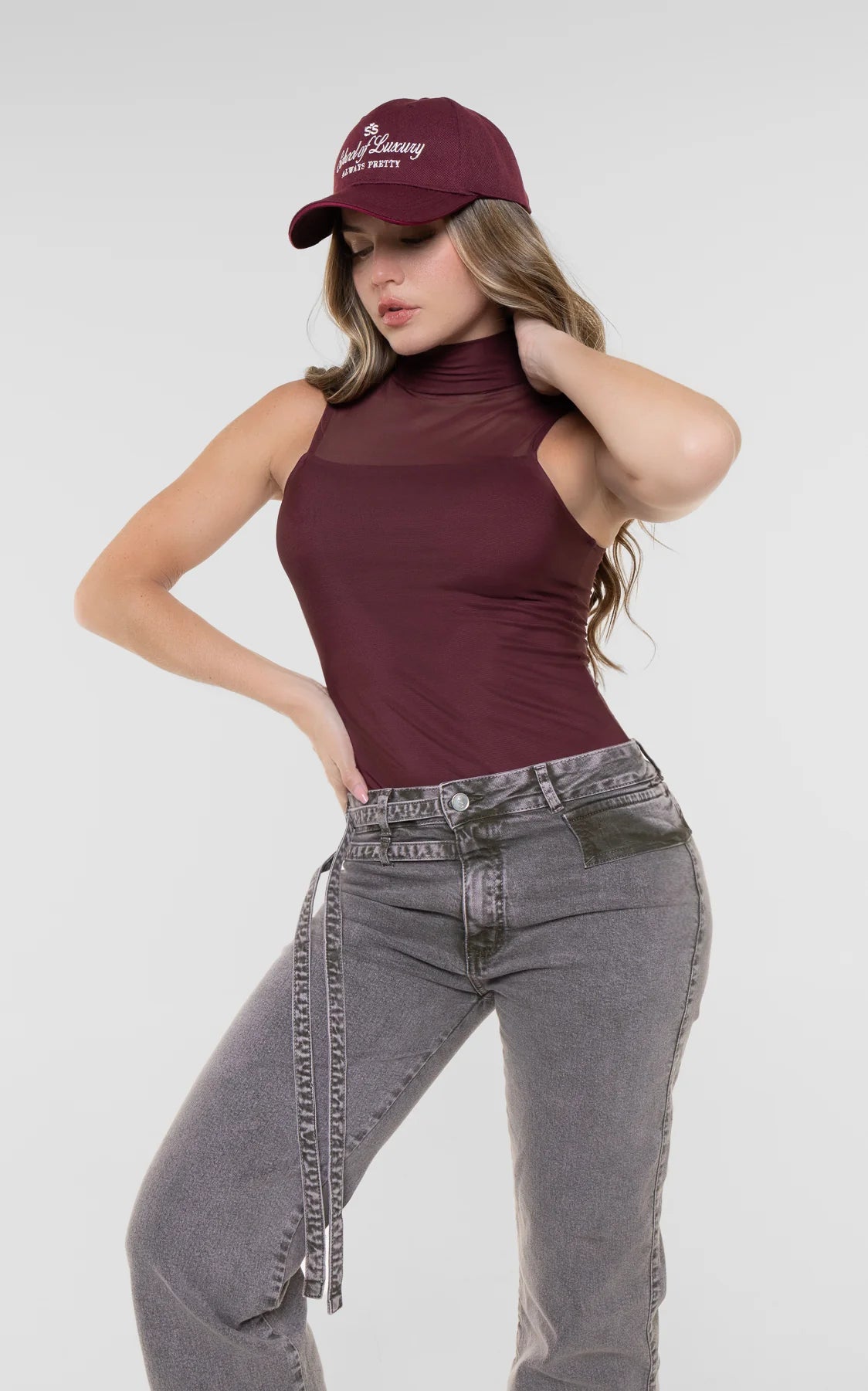 Wine Sleeveless High-Neck Bodysuit by Navissi