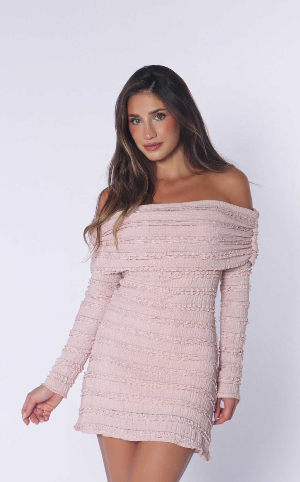 Vestido Rosado Cuello Bandeja