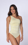 Yellow Asymmetric Draped Bodysuit by Navissi