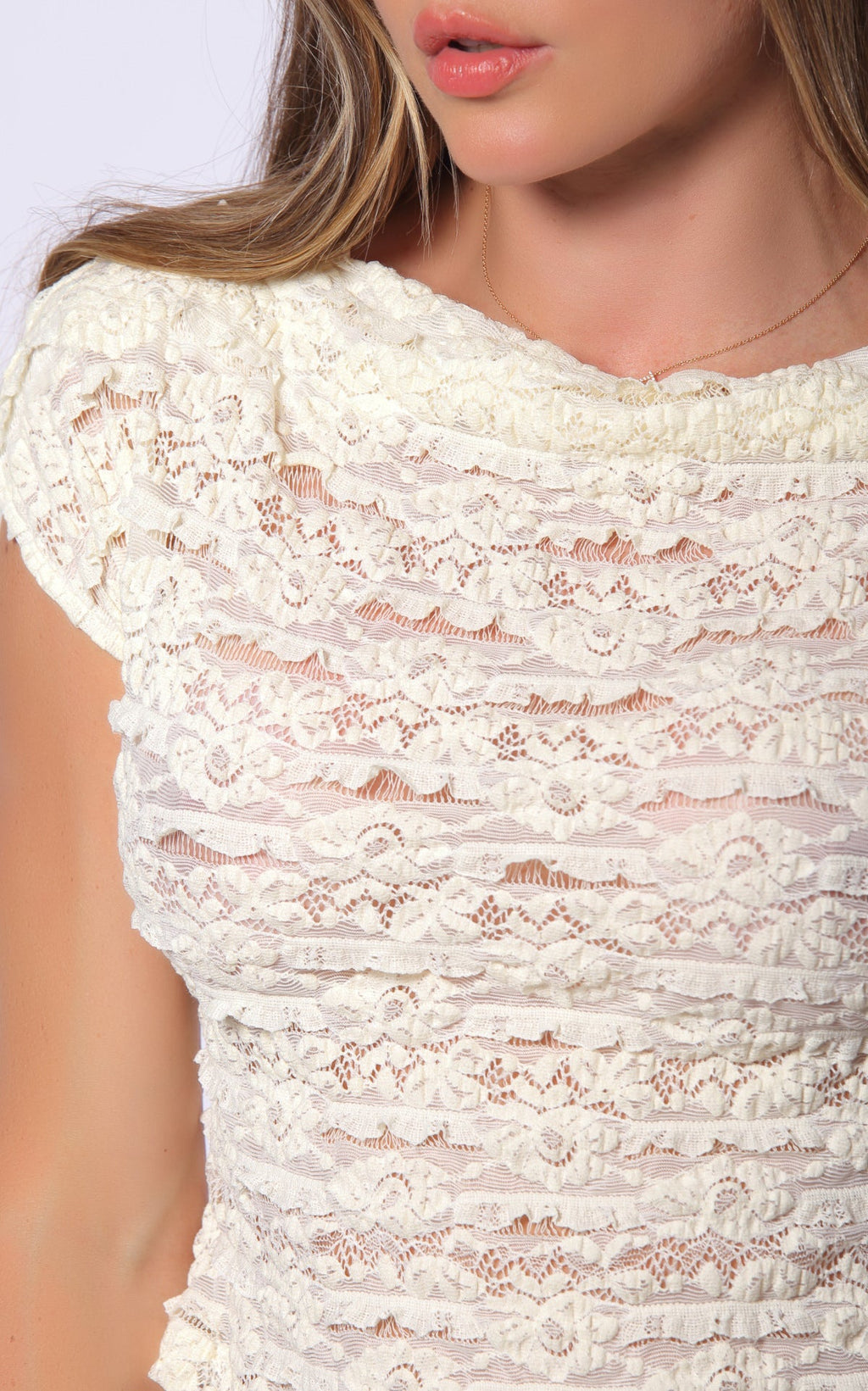Ivory Rolled-Sleeve Lace T-Shirt by Navissi