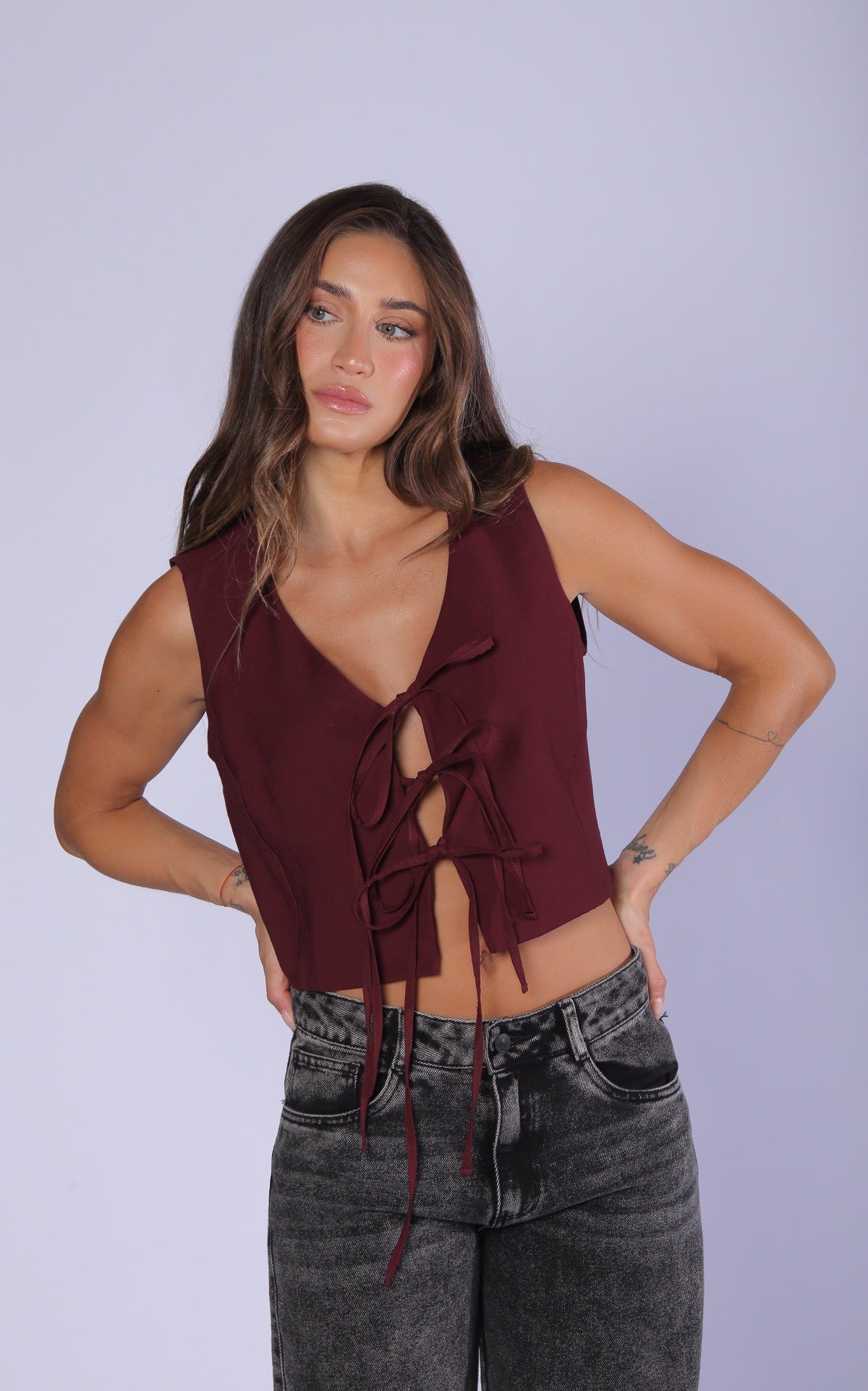 Wine Bow-Detail Vest