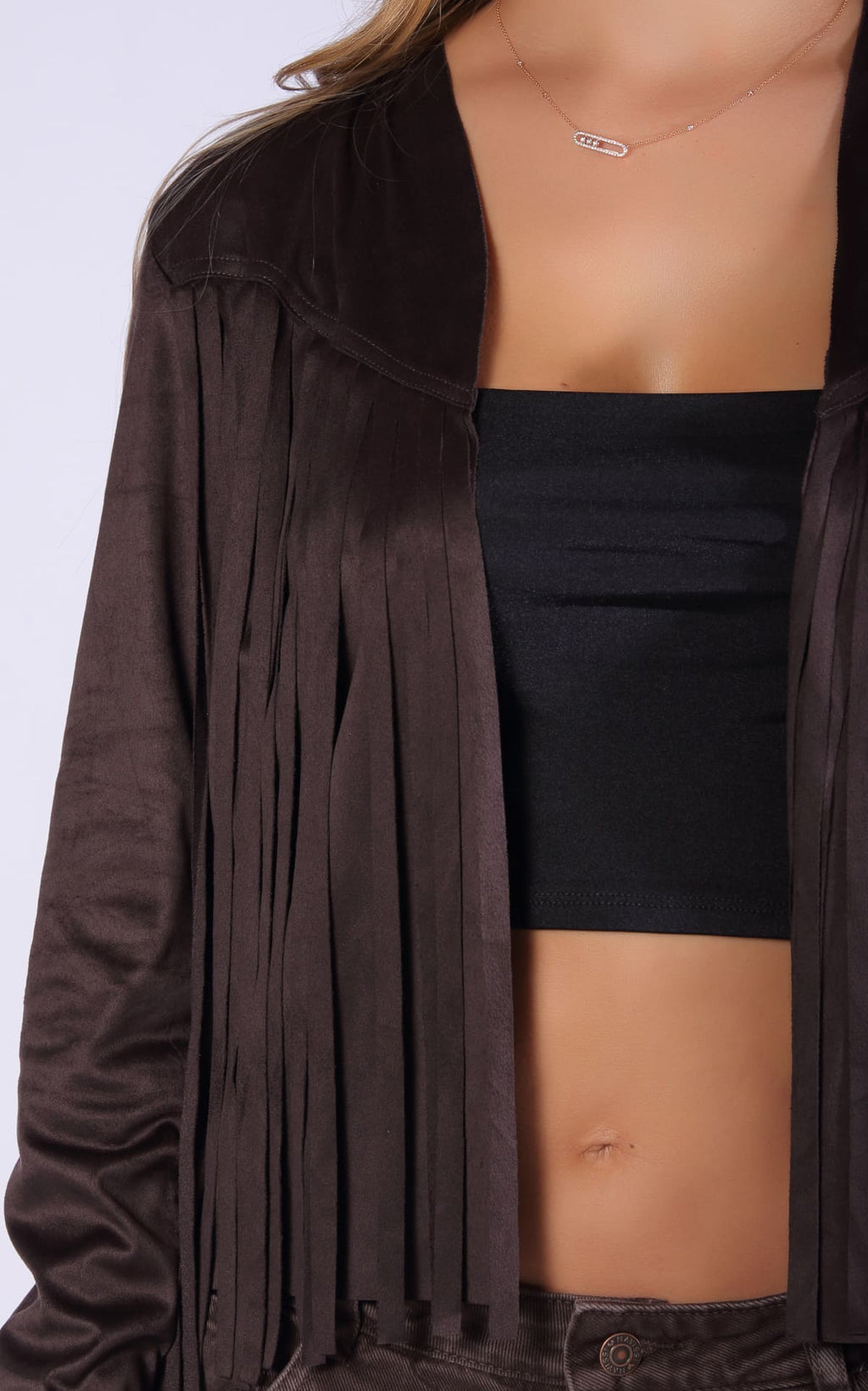 Chocolate Fringed Jacket by Navissi