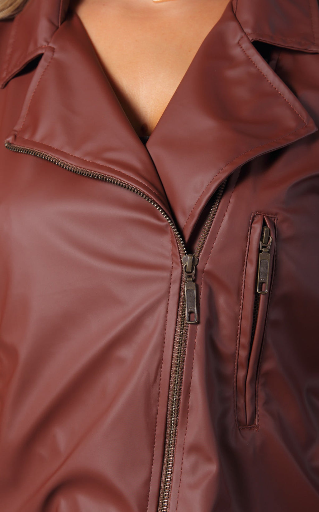 Brown Biker Faux-Leather Jacket by Navissi