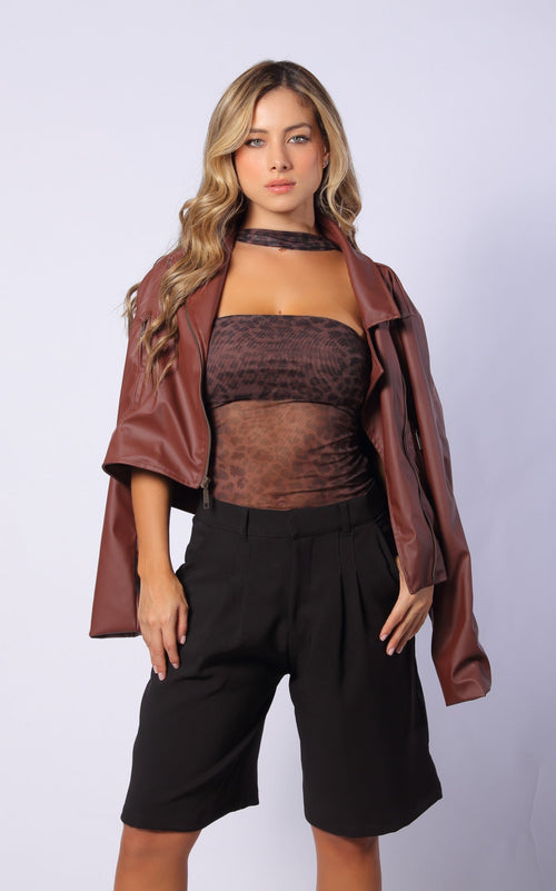 Brown Biker Faux-Leather Jacket by Navissi