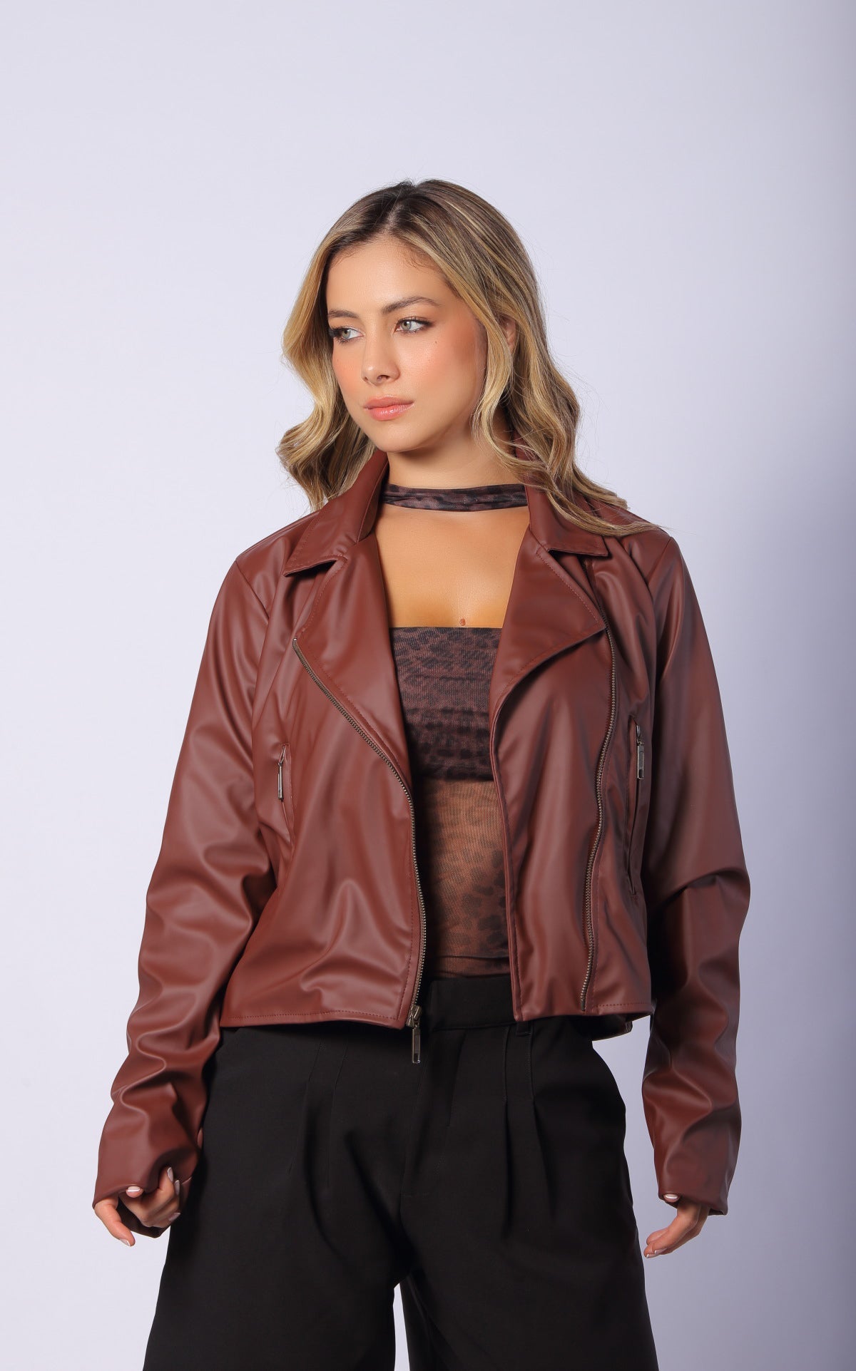 Brown Biker Faux-Leather Jacket by Navissi