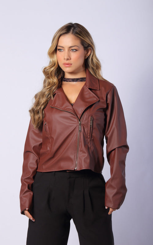 Brown Biker Faux-Leather Jacket by Navissi